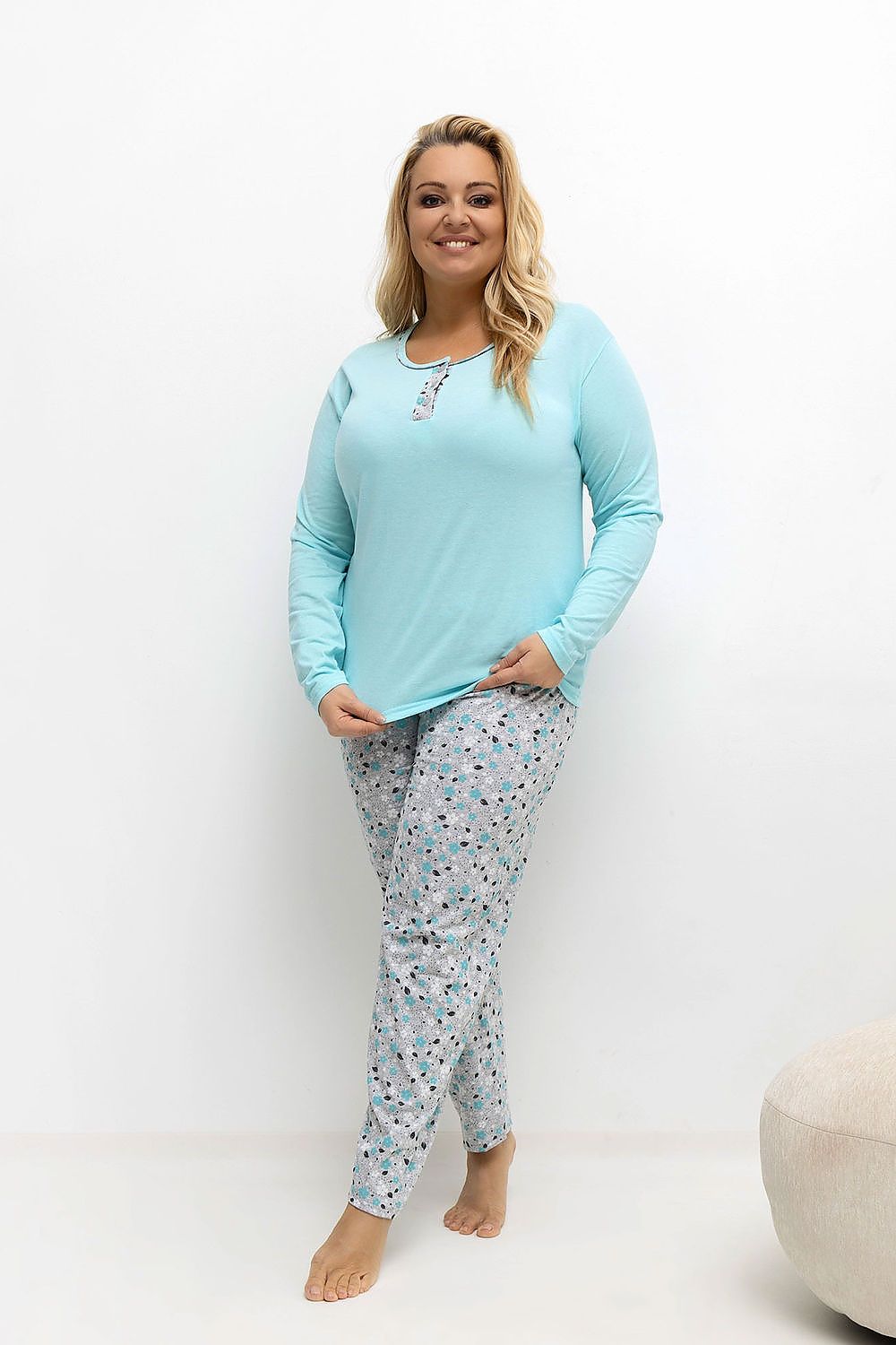  Front View: Model in the green set, showing the round neckline and floral pants in a fresh, vibrant tone