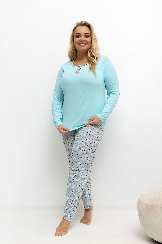  Front View: Model in the green set, showing the round neckline and floral pants in a fresh, vibrant tone