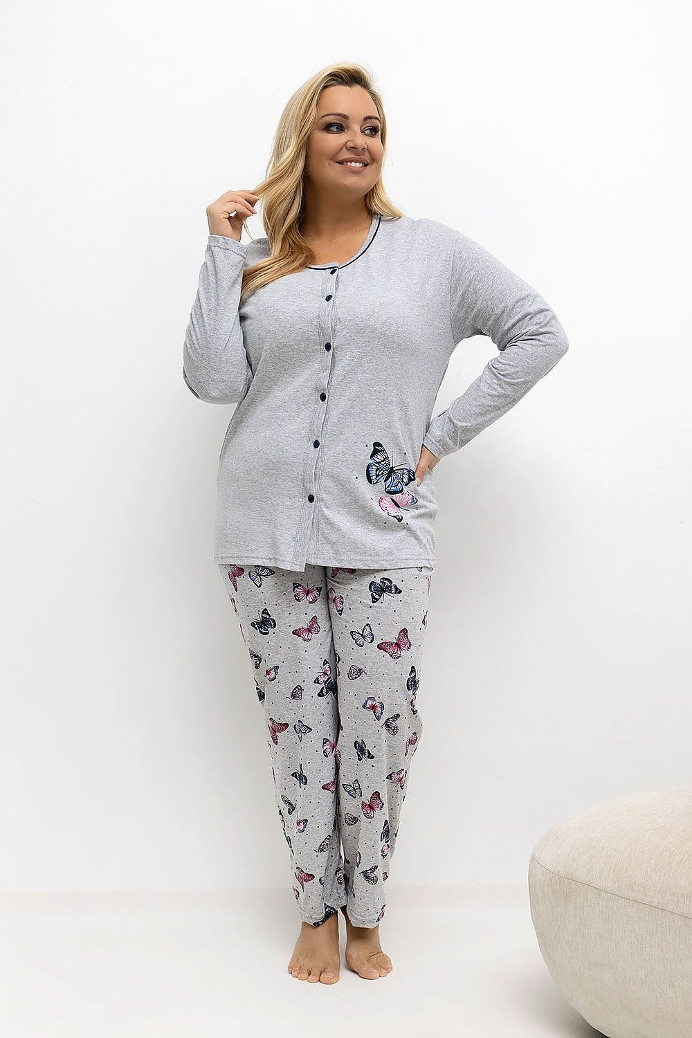  Grey plus size butterfly print pajama set featuring button-front top and matching printed pants