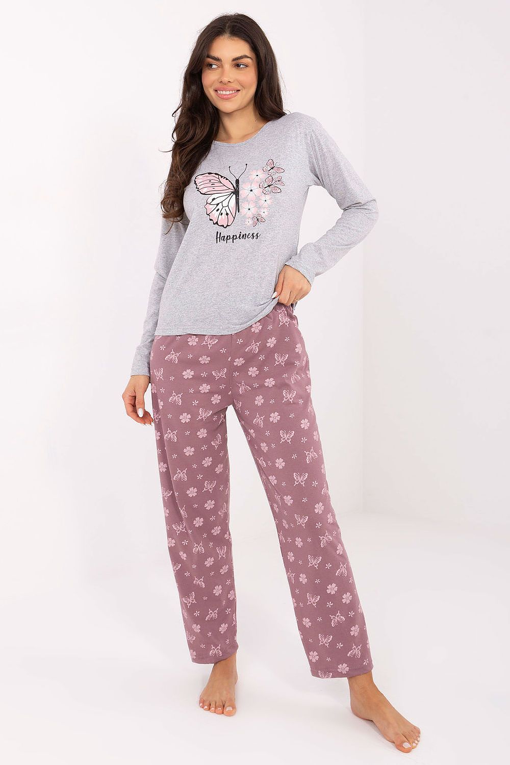  Grey two-piece pyjama set with butterfly and floral print on pants, butterfly accent on top, front view