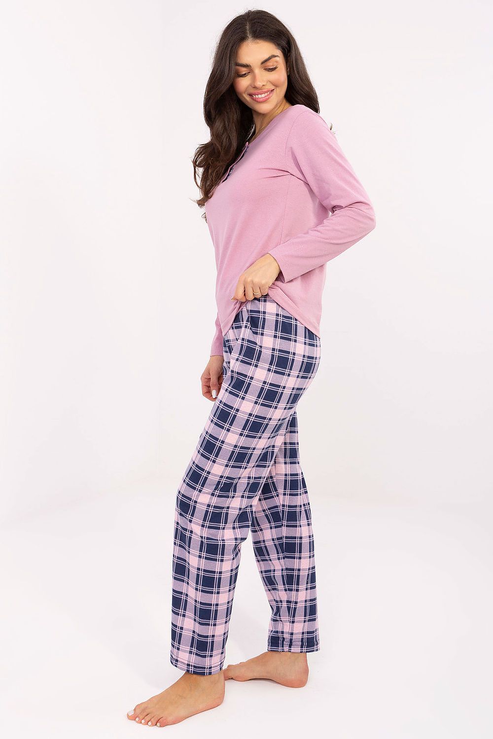  Women's two-piece pajama set with check pattern pants and button-front blouse, front view