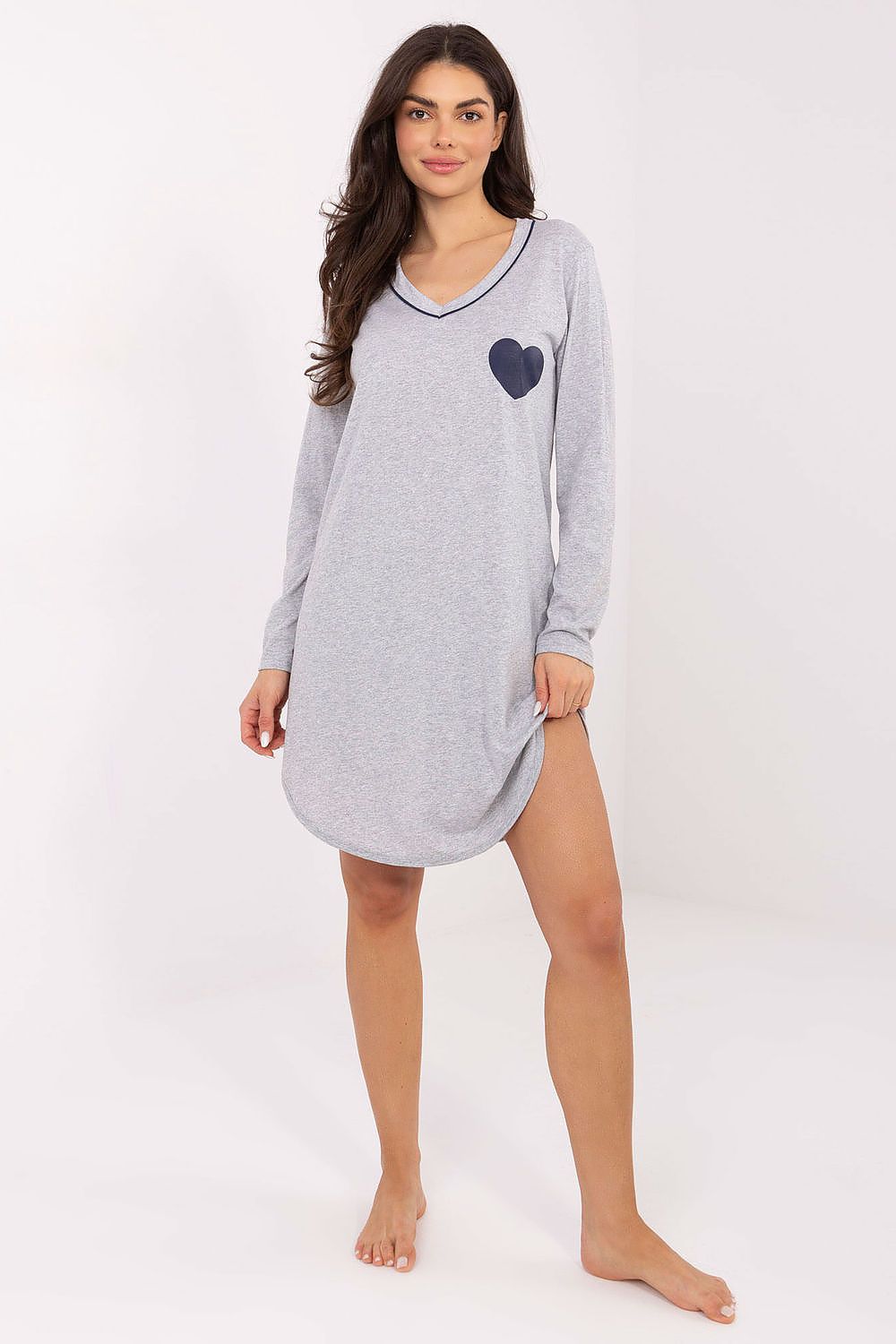  Grey cotton nightshirt with printed heart on chest, front view