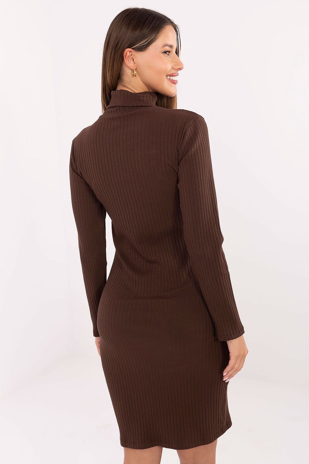  “Everyday brown ribbed knee length dress with long sleeves”