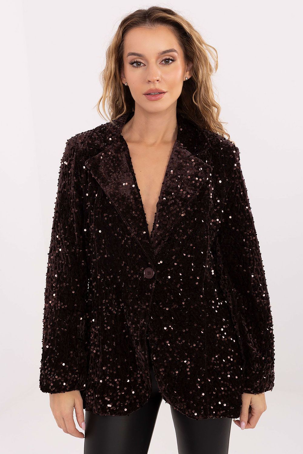  “Brown sequin blazer with classic lapels – front view”