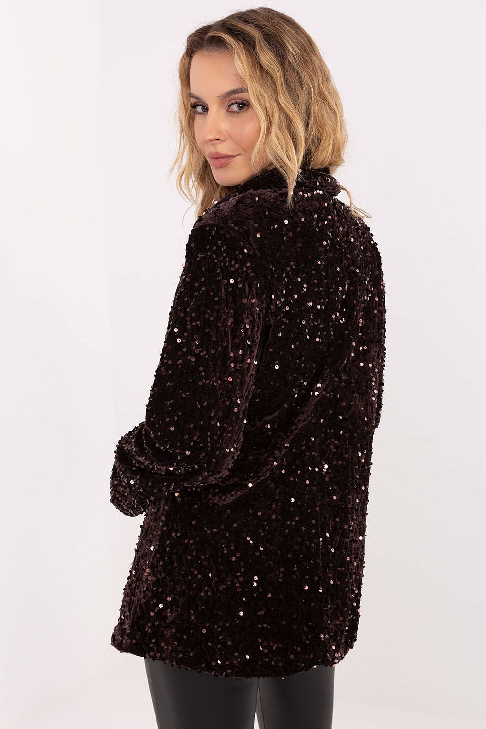  “Brown shimmering women’s blazer with long sleeves – side view”