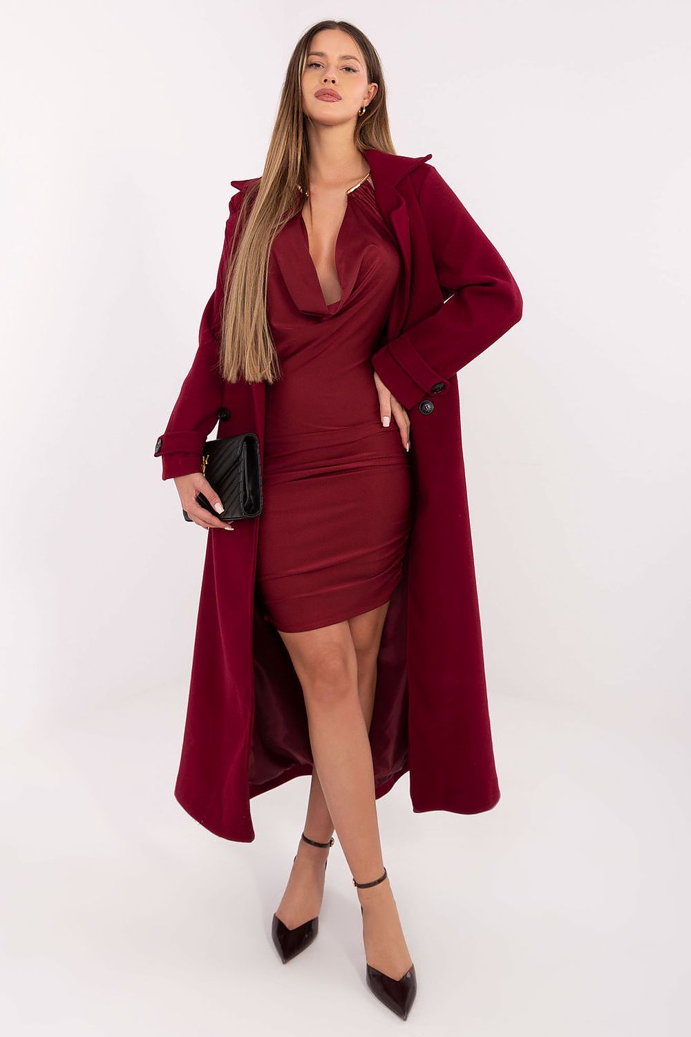  Bold red sleeveless fitted evening dress – side angle.