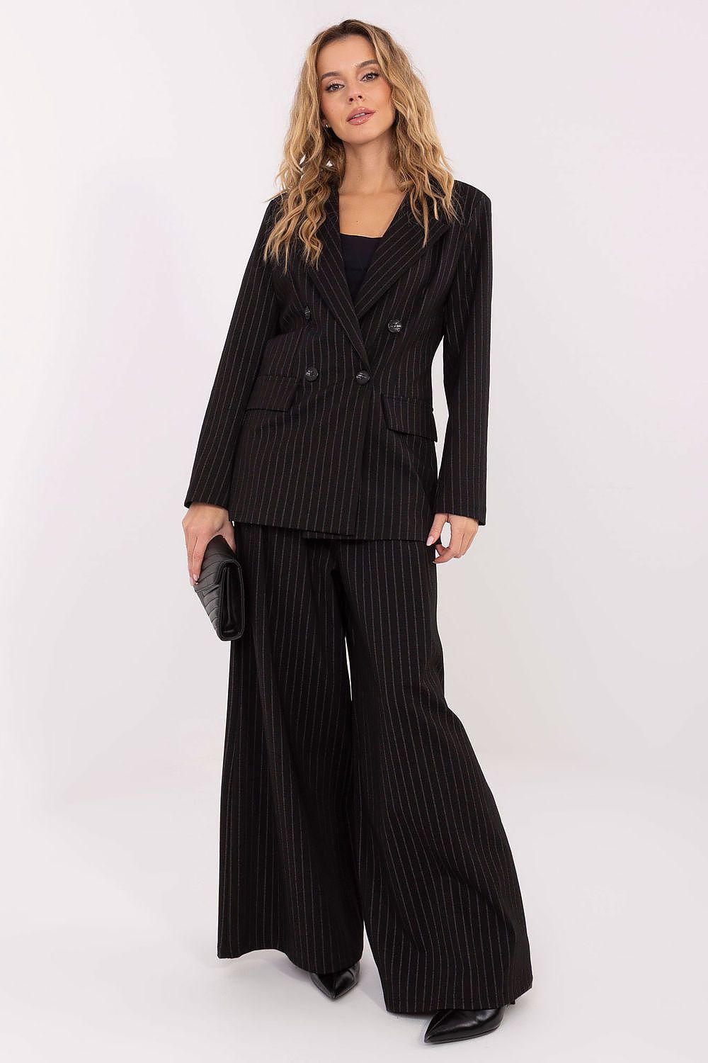  Black stylish women’s pinstripe palazzo trousers with pleats and high waist – front view