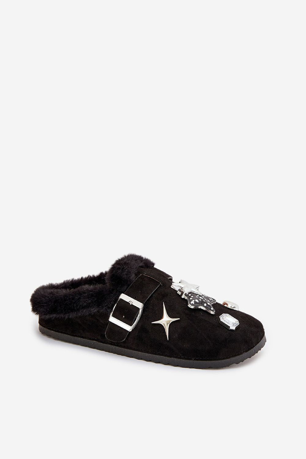 Black slipper with fur trim and decorative buckle on a white background