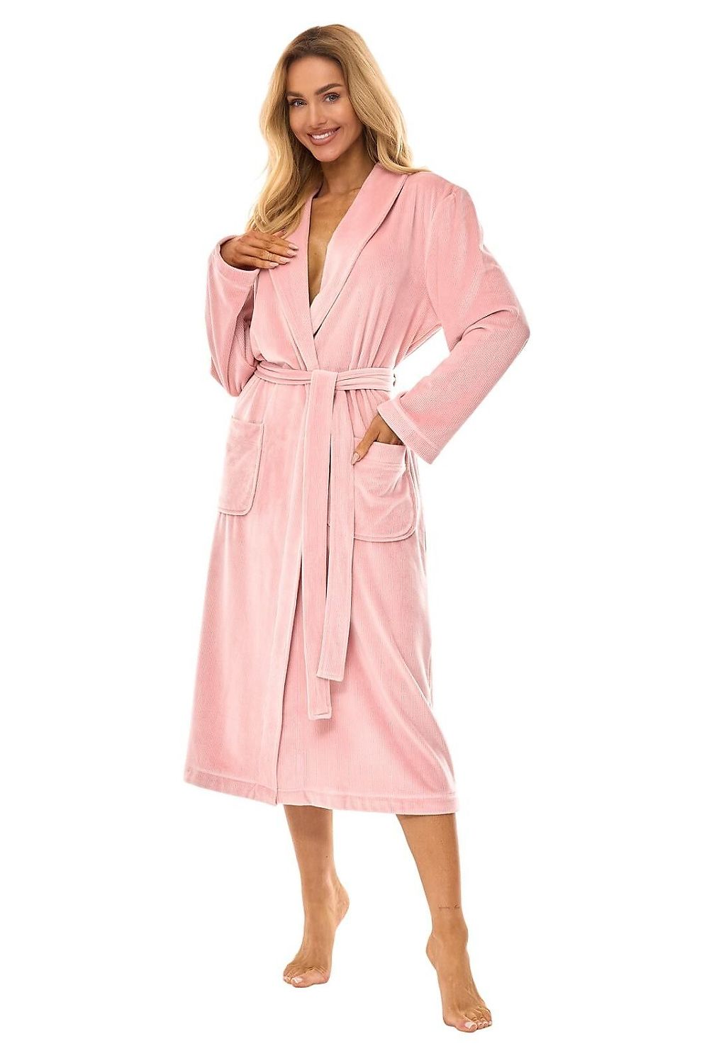Woman wearing a pink robe on a white background