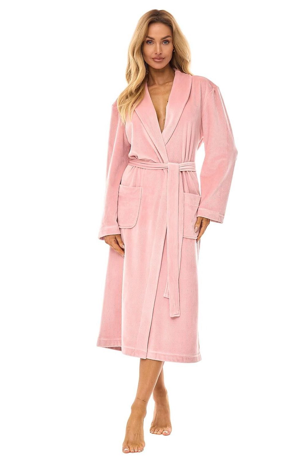 Woman wearing a pink robe on a white background