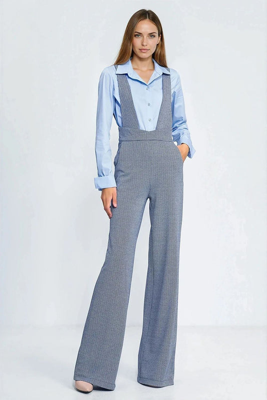  Women’s high-waist jumpsuit with wide legs and buttoned suspenders shown front view