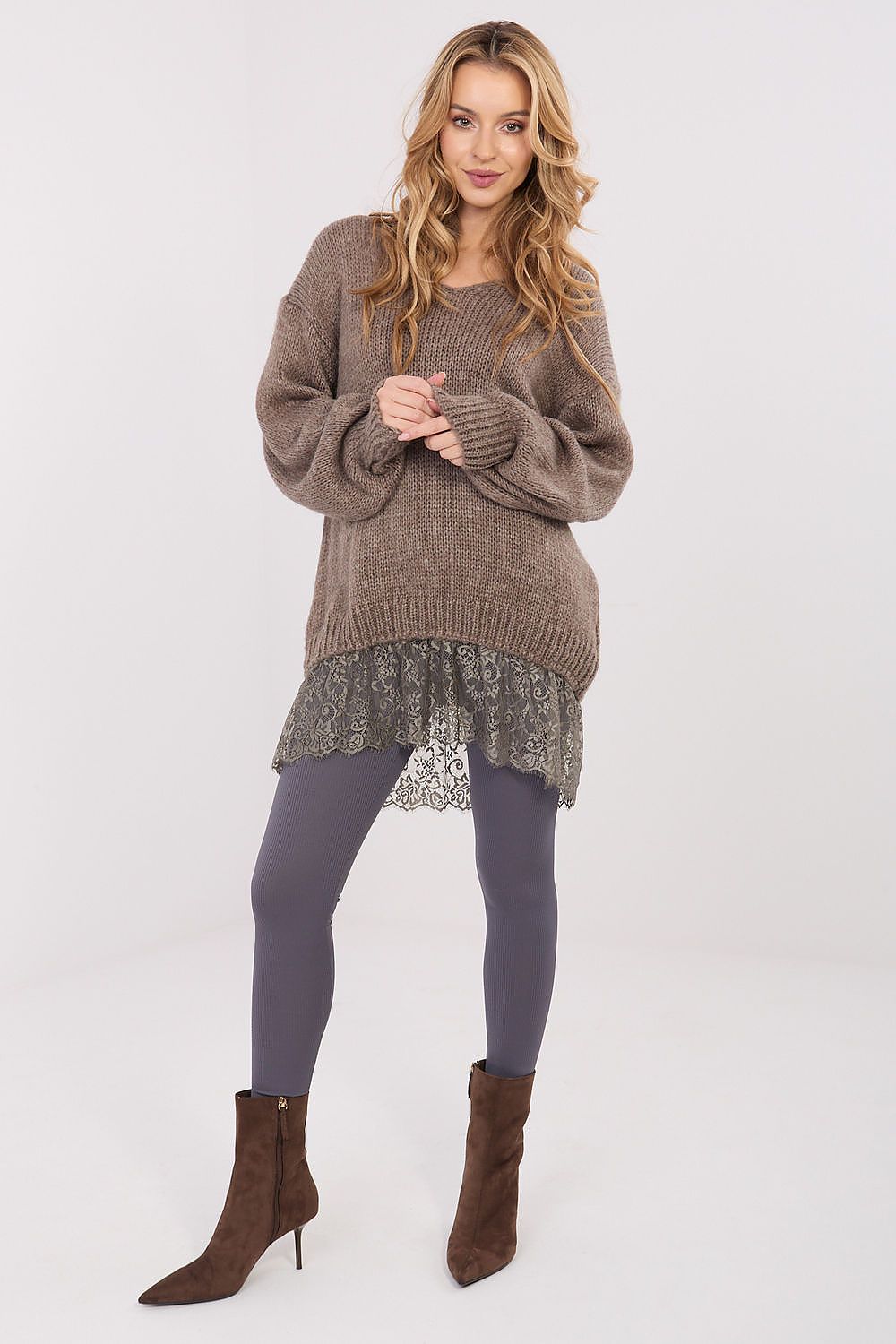  Beige long women’s sweater with lace hem and V-neck, front view