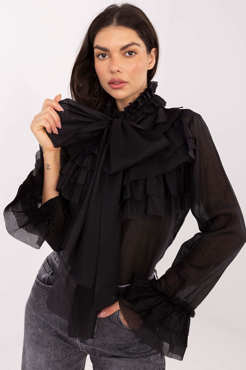  Black elegant shirt with stand-up collar and jabot tie – front view.