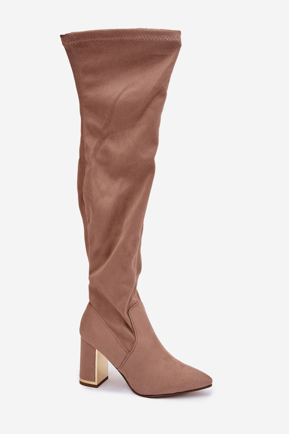 Brown knee-high boot with a block heel on a white background