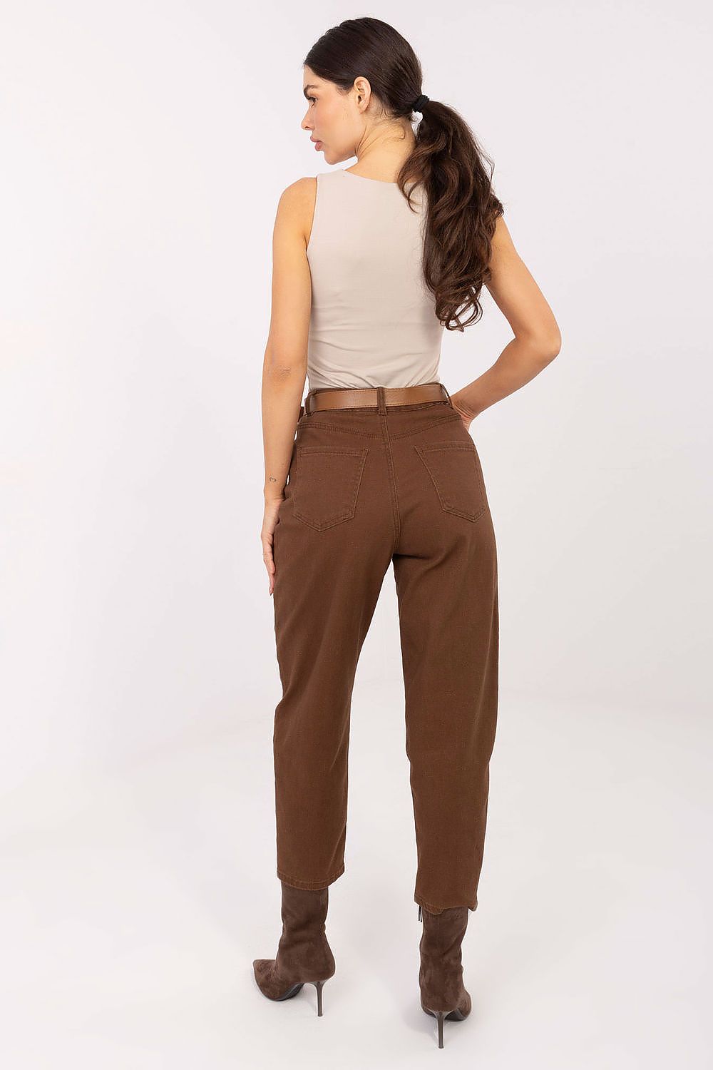  “Brown mom jeans back view showing pockets and tapered leg fit”