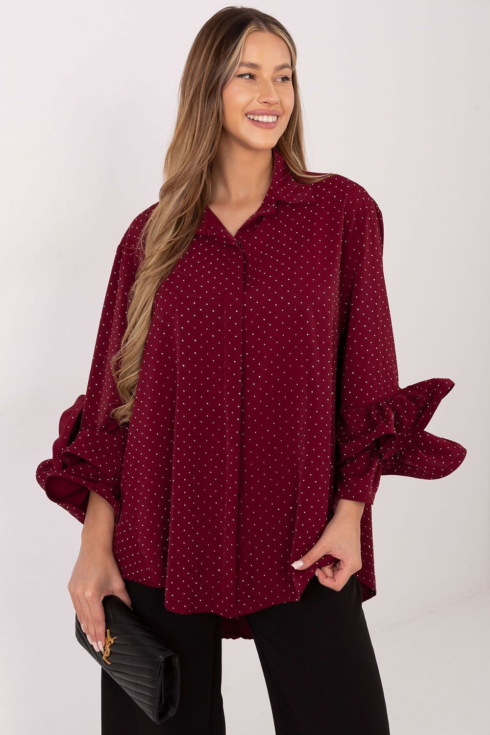  Elegant red women’s shirt with jet appliqué and ruffled sleeves – front view.