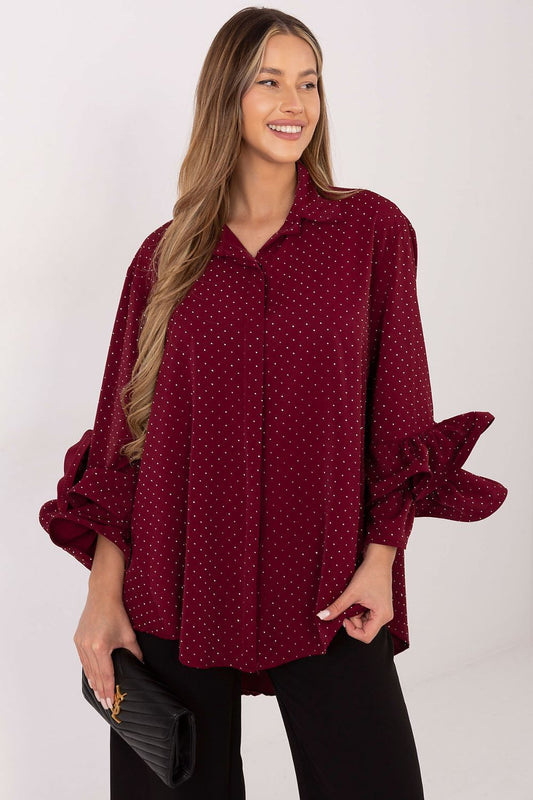  Elegant red women’s shirt with jet appliqué and ruffled sleeves – front view.
