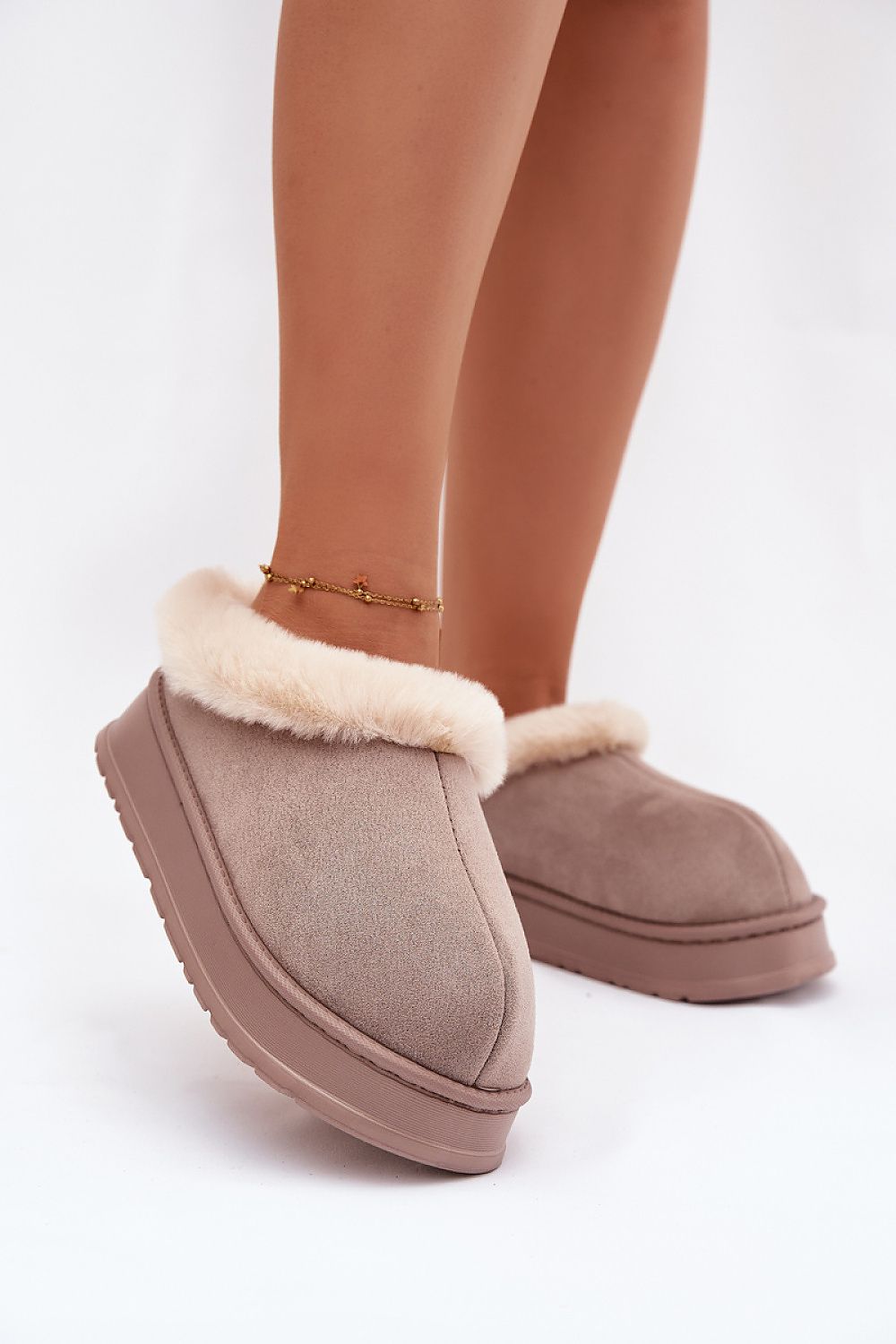  Warm beige eco-suede slippers with fur top and cozy interior – top view.