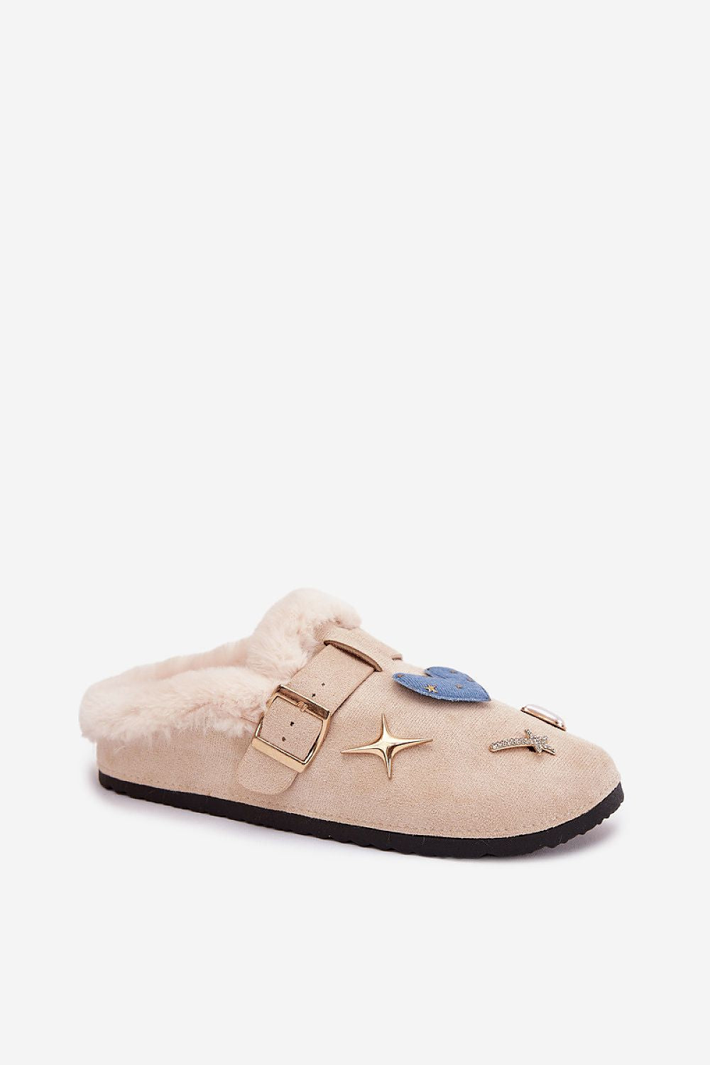  Beige eco-suede women’s slippers with fur lining and decorative pins – front view.