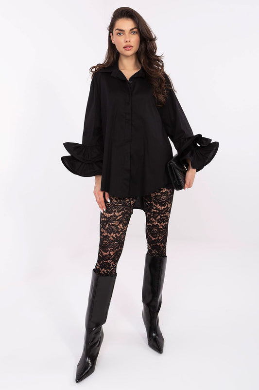  Black women’s elegant shirt with elongated back and ruffled sleeves – front view.