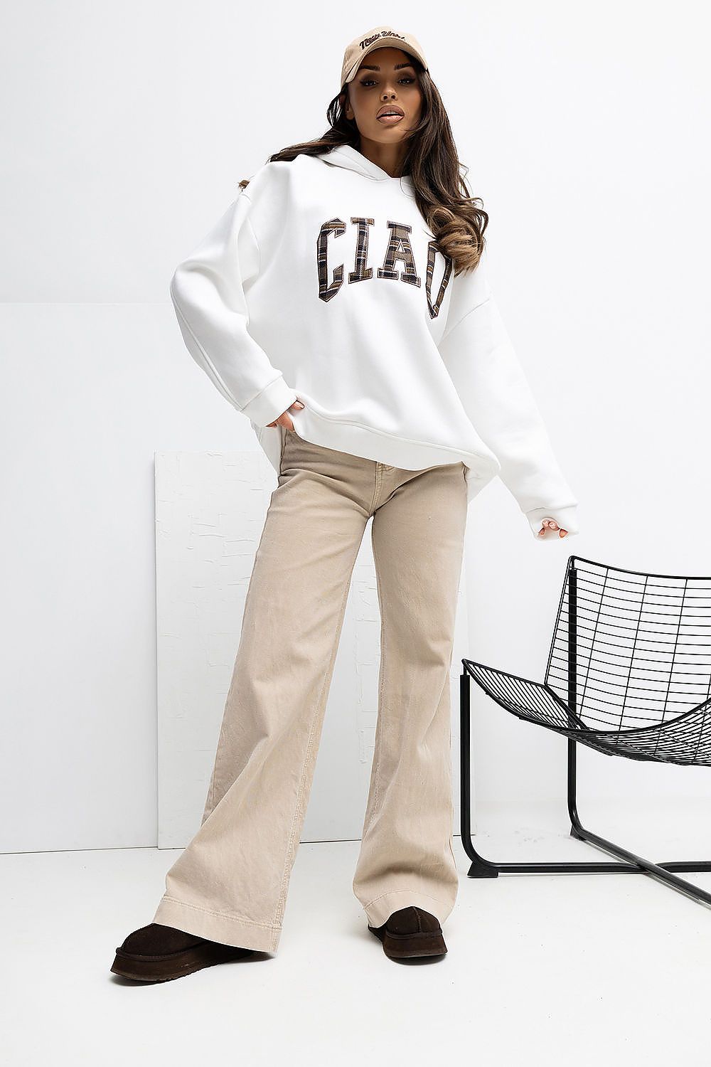  beige CIAO embroidered hoodie with long sleeves and hood