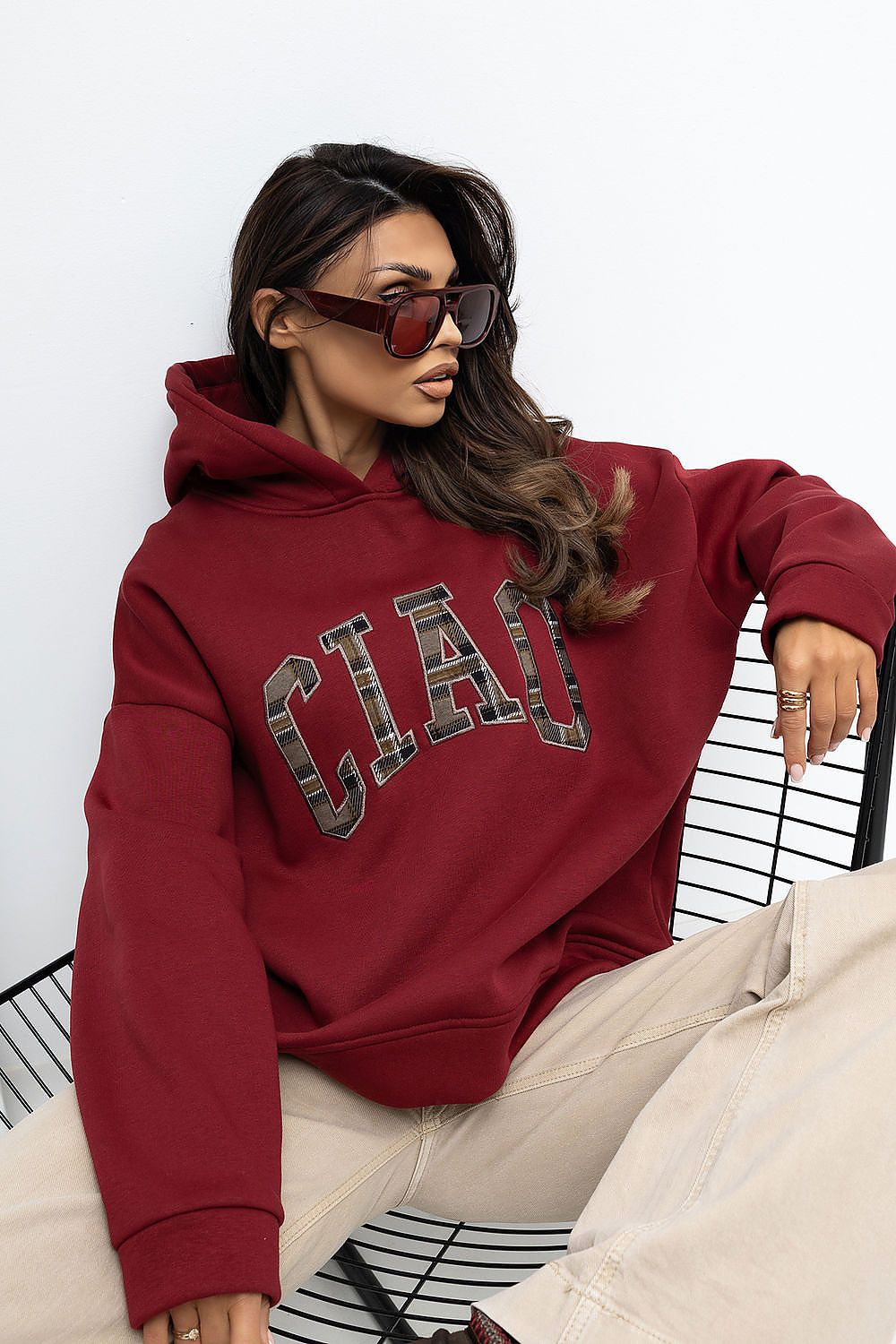  Women's red CIAO embroidered hoodie with long sleeves and hood