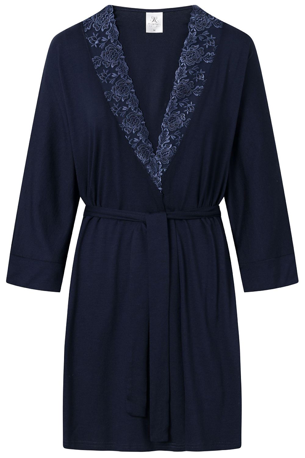 Navy blue robe with lace trim on a white background