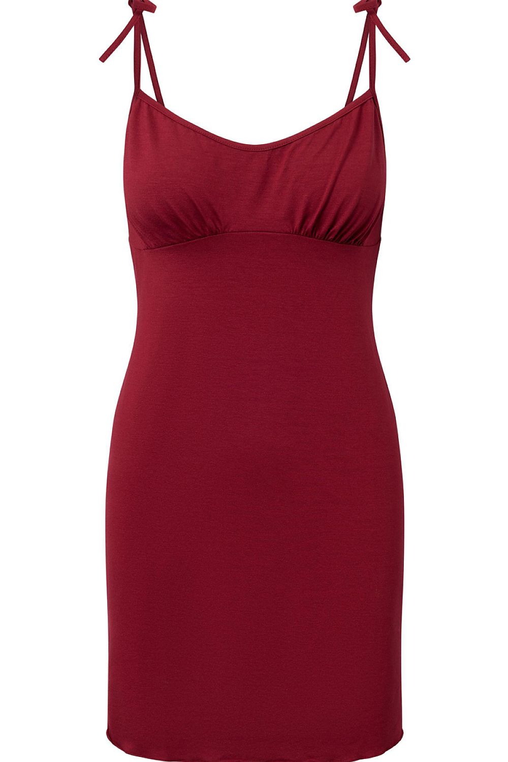 Red slip dress with thin straps on a white background