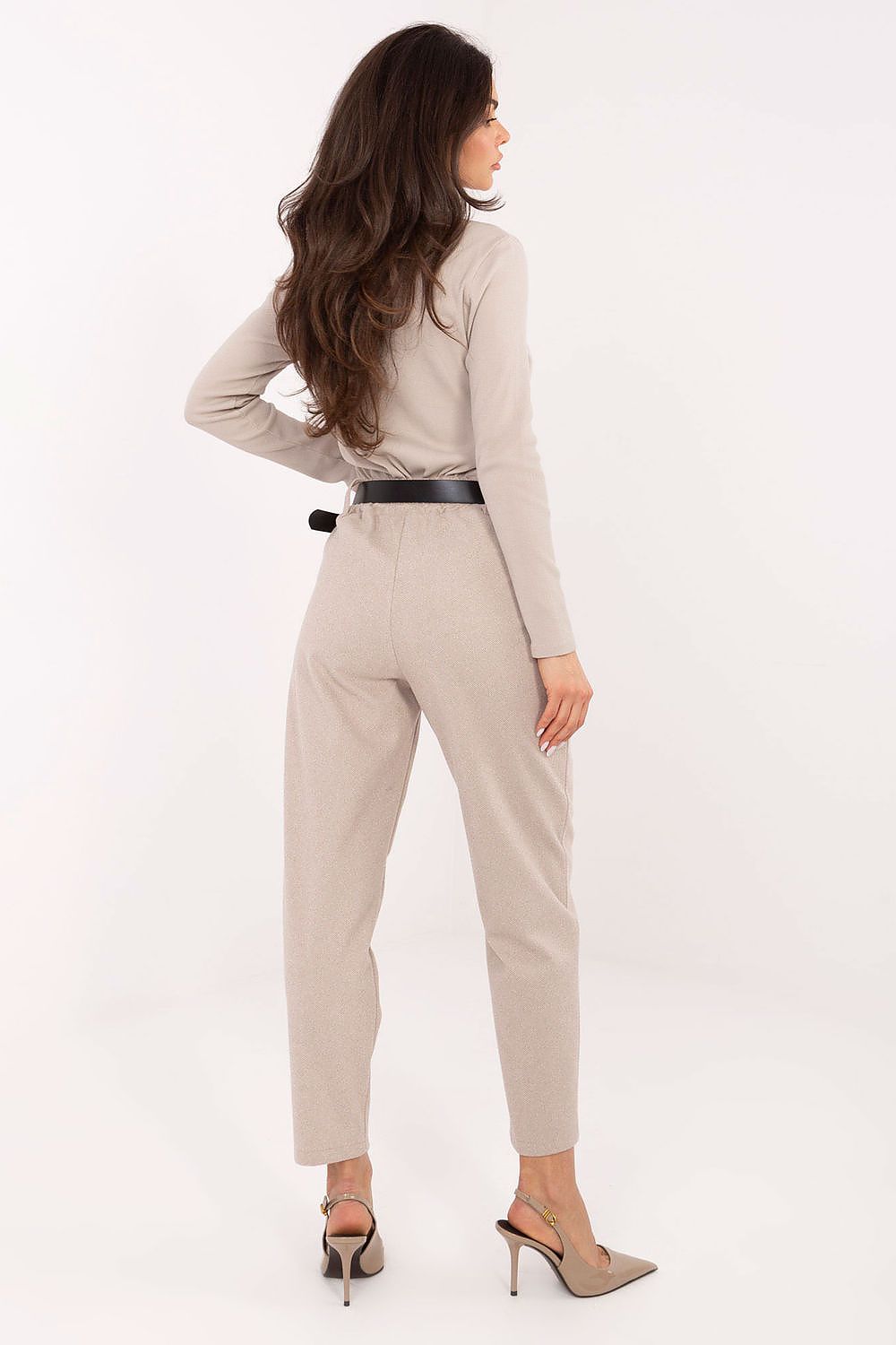 Beige houndstooth women’s cigarette pants with high waist and belt – rear view