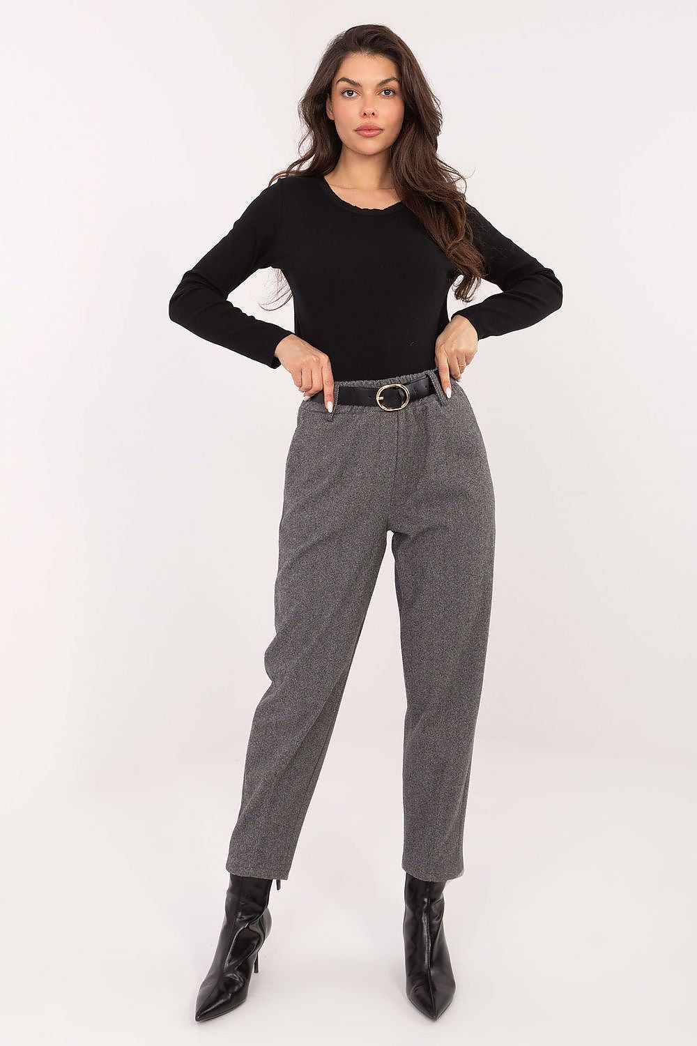 Grey houndstooth cigarette trousers for women with high waist – full front view