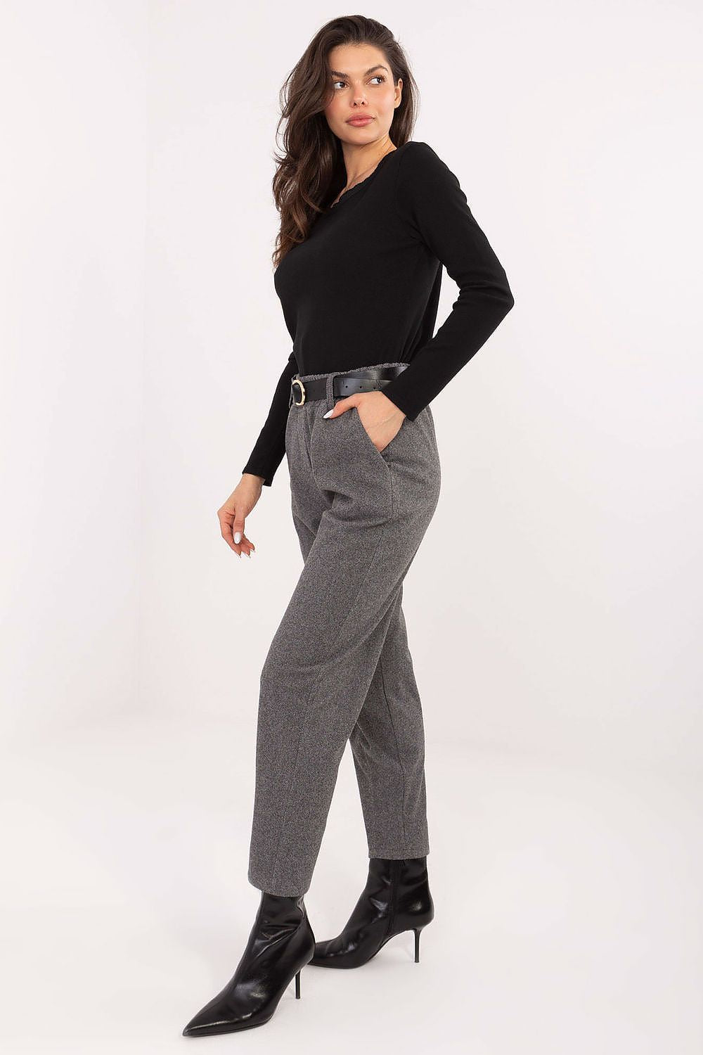 Grey houndstooth cigarette trousers for women with high waist – full front view-2