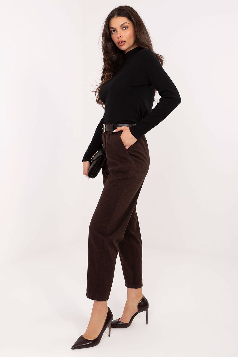 Brown houndstooth women’s cigarette pants with elastic waistband and belt – side view-2