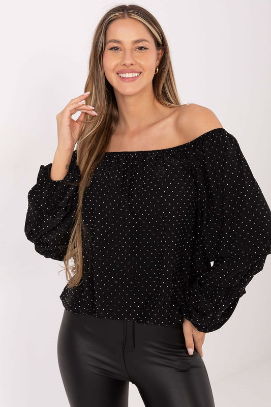 Black off-shoulder blouse with sparkling jet-stone application – front view