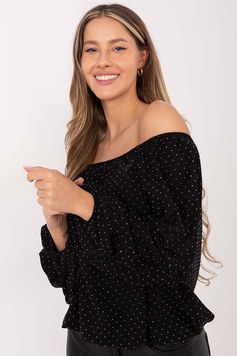 Side view-2 of black off-shoulder blouse showing elegant silhouette