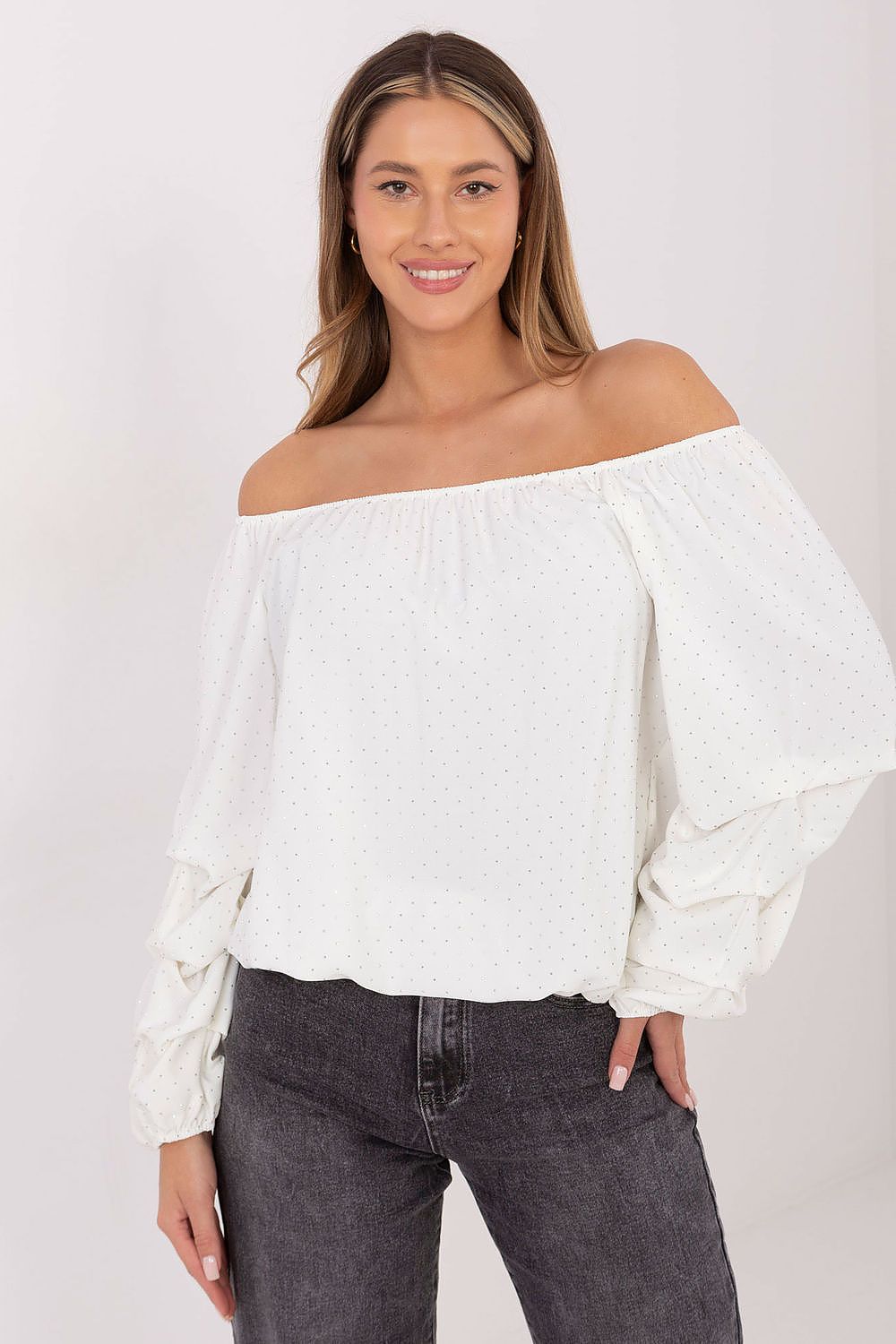 Beige off-shoulder women’s blouse with shimmering jet-stone details – front view