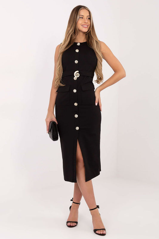 Black sleeveless pencil dress with elegant button details – front view