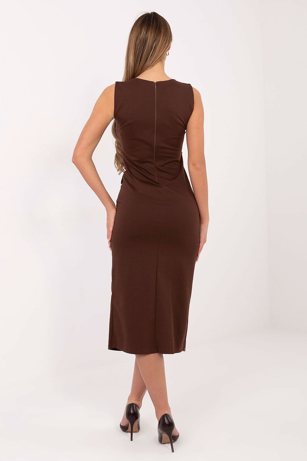  brown, rear viewsleeveless pencil dress with decorative front buttons – front view