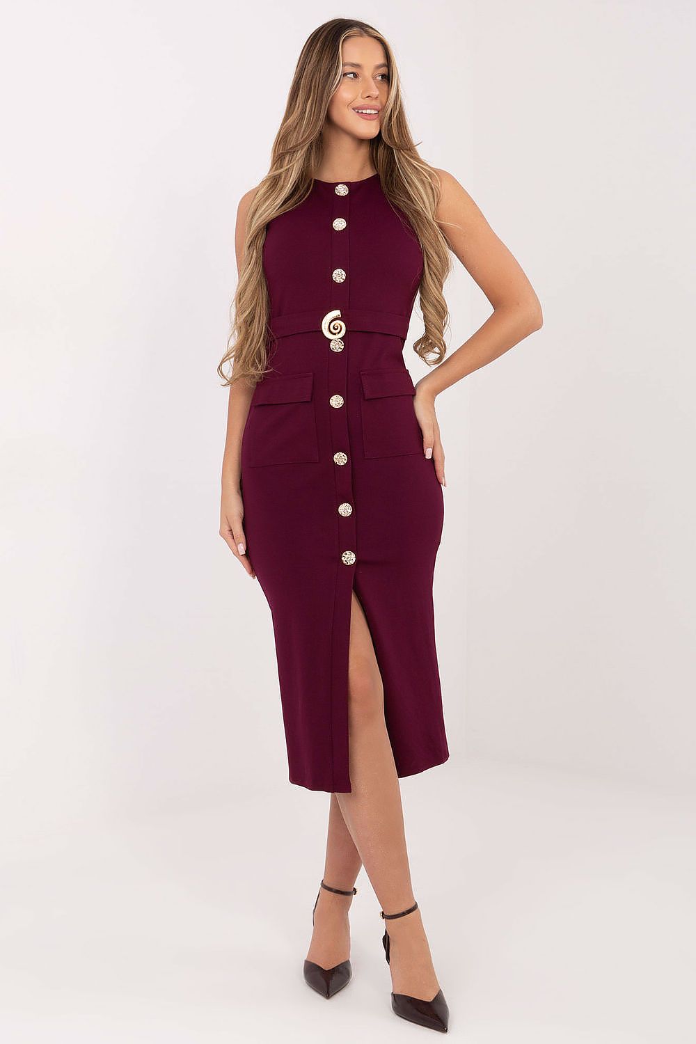 Red-2 sleeveless pencil dress with decorative front buttons – front view