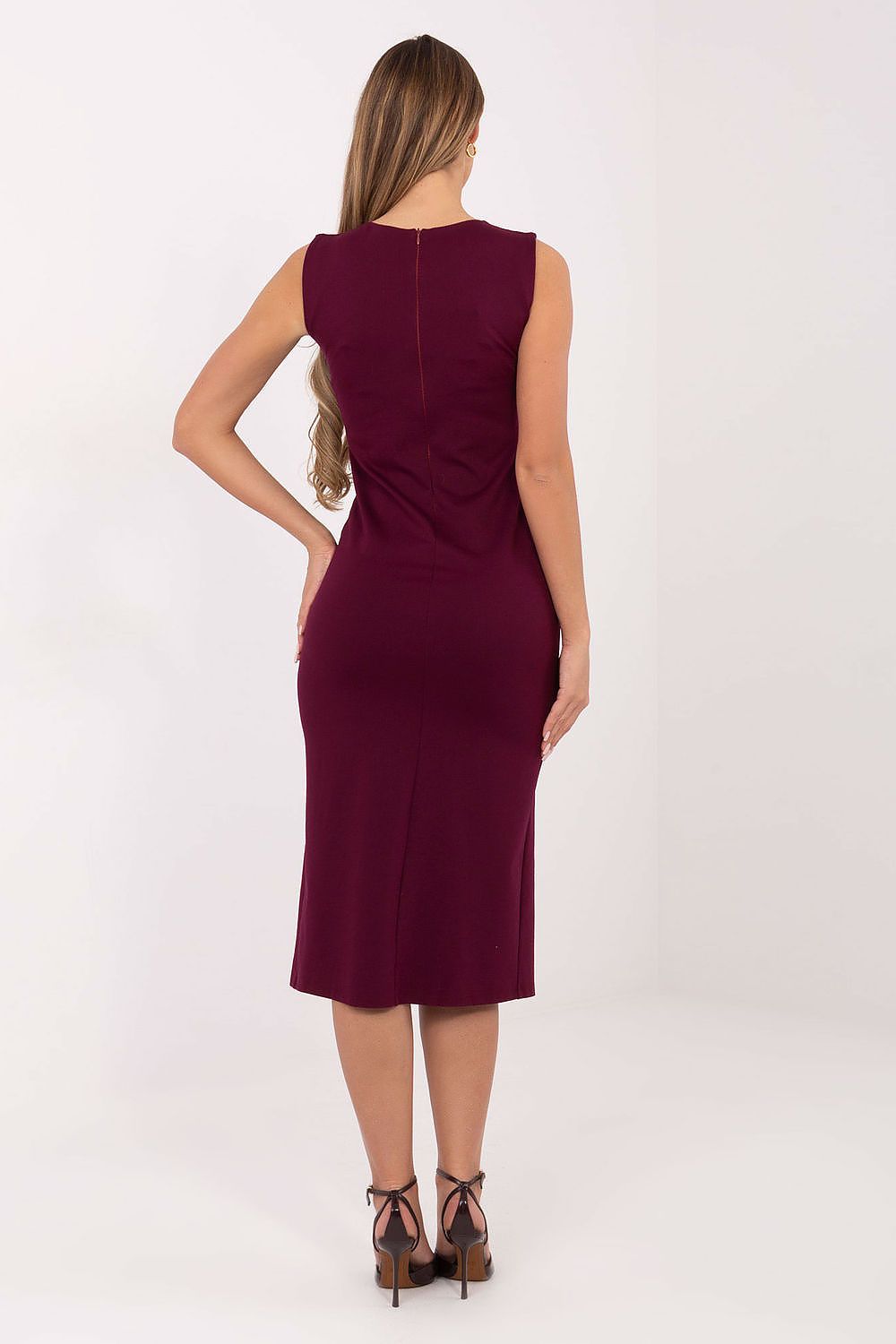 Red rear view-2 sleeveless pencil dress with decorative front buttons – front view