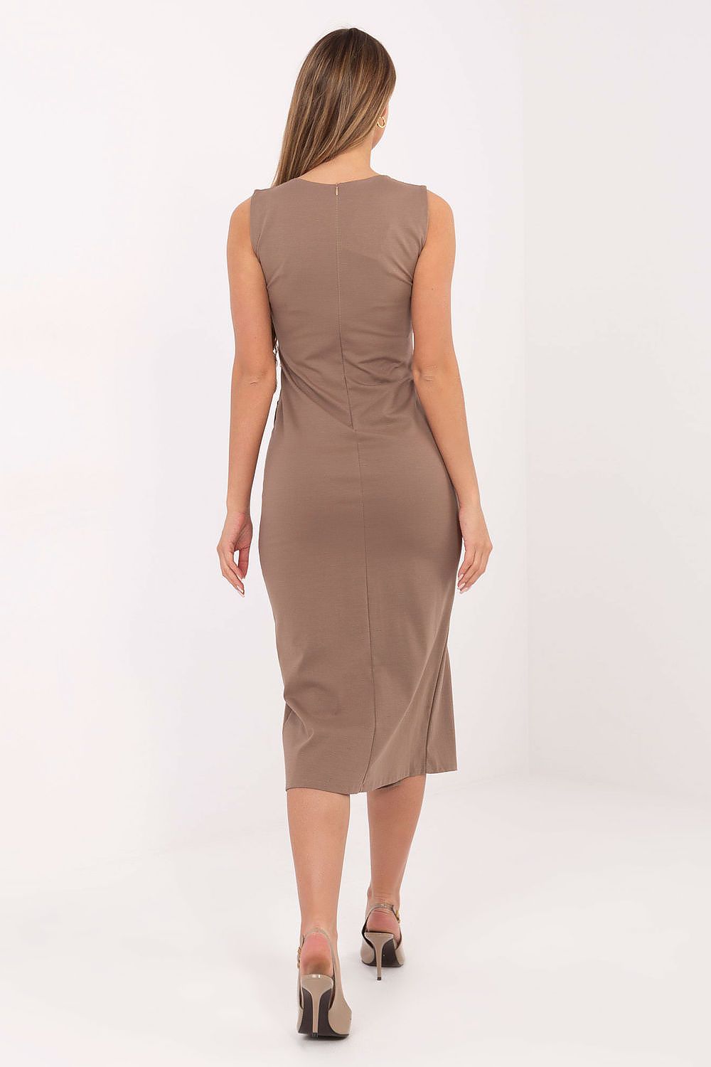 Beige midi pencil dress with round neckline and button accents – rear view