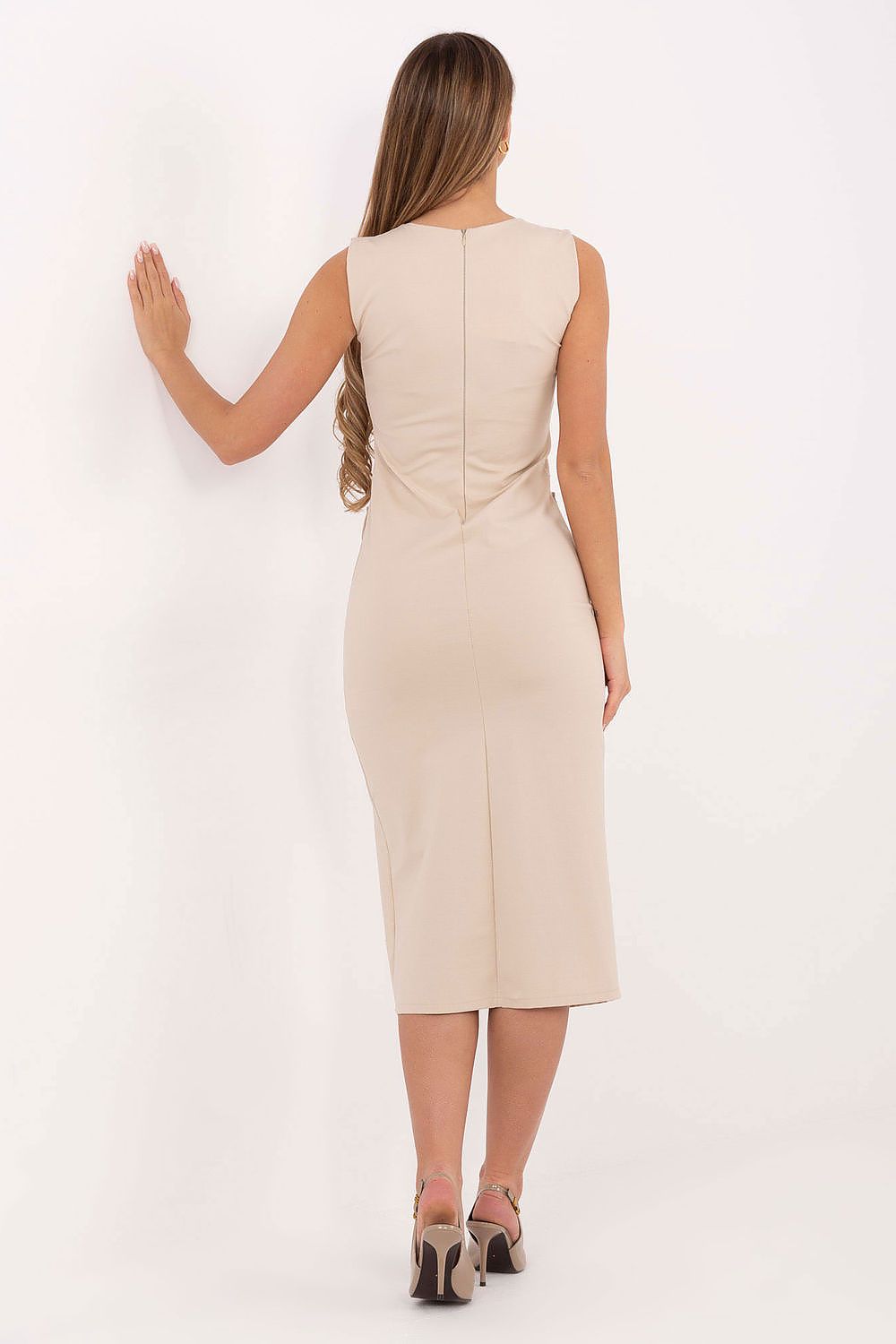 Beige midi pencil dress with round neckline and button accents – rear view-2