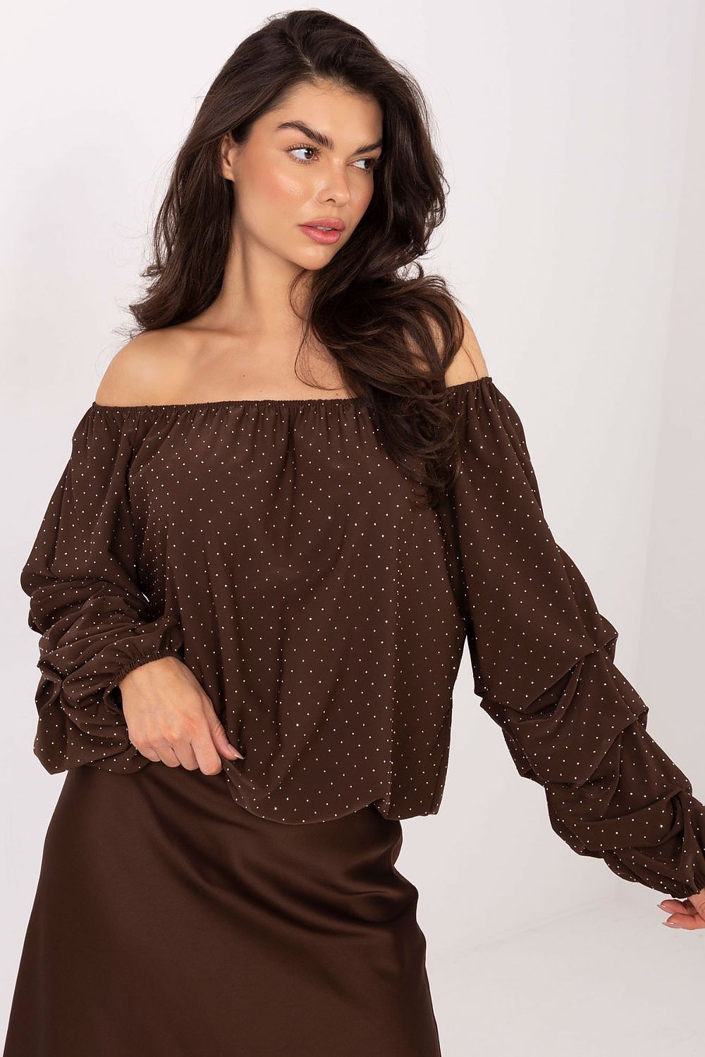 front view-2 of brown viscose blouse showing neckline and sleeve details