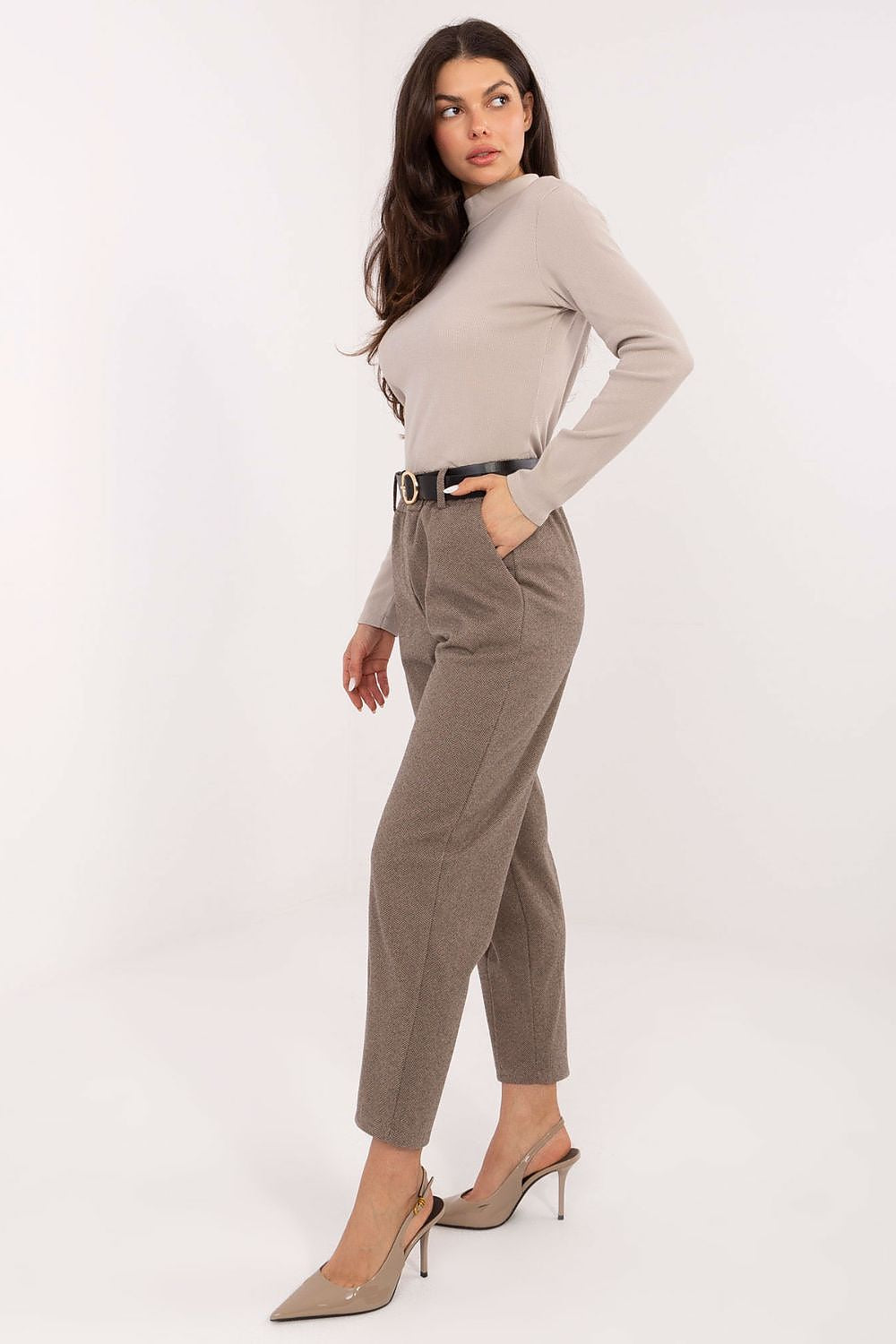  Brown houndstooth women’s cigarette pants with elastic waistband and belt – side view