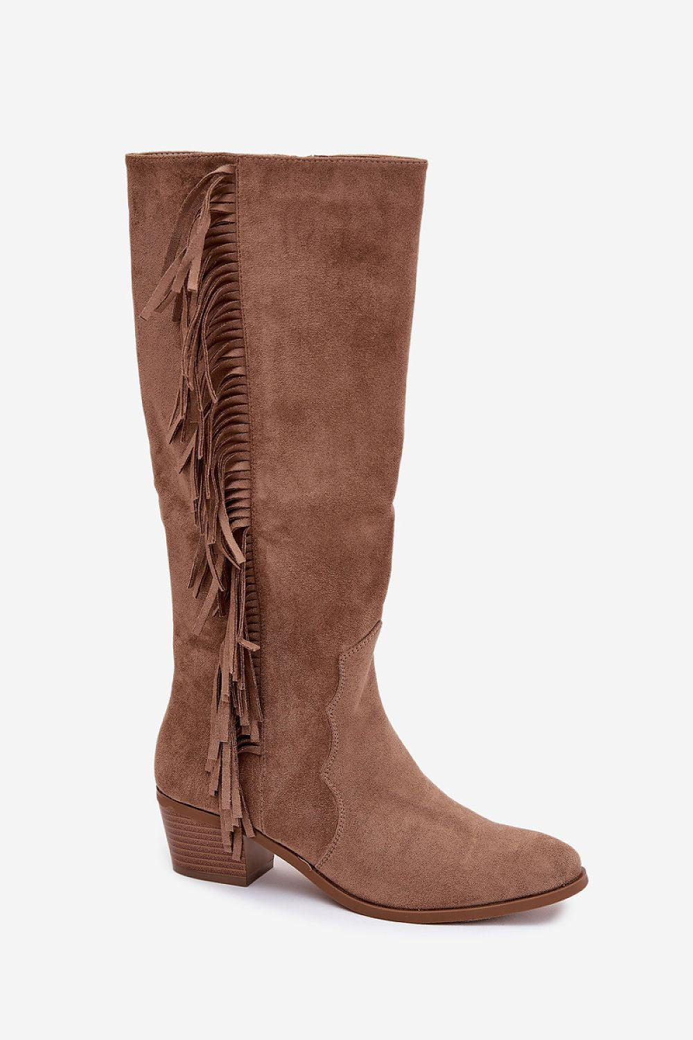 Brown suede knee-high boot with fringes on a white background