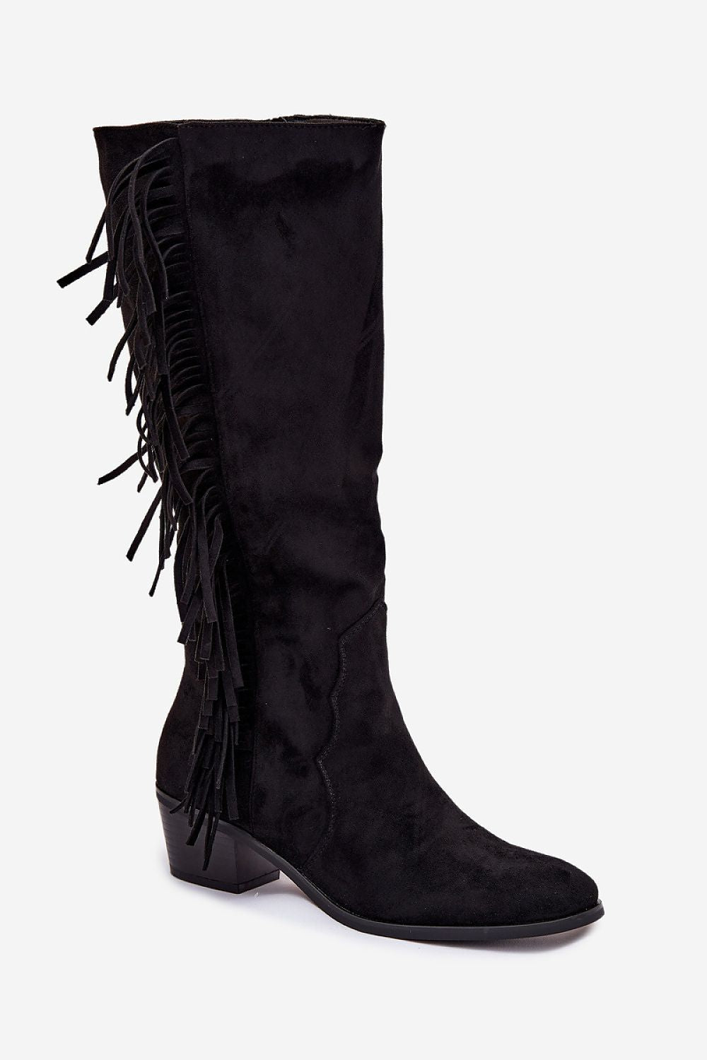 Black suede knee-high boot with fringes on a white background