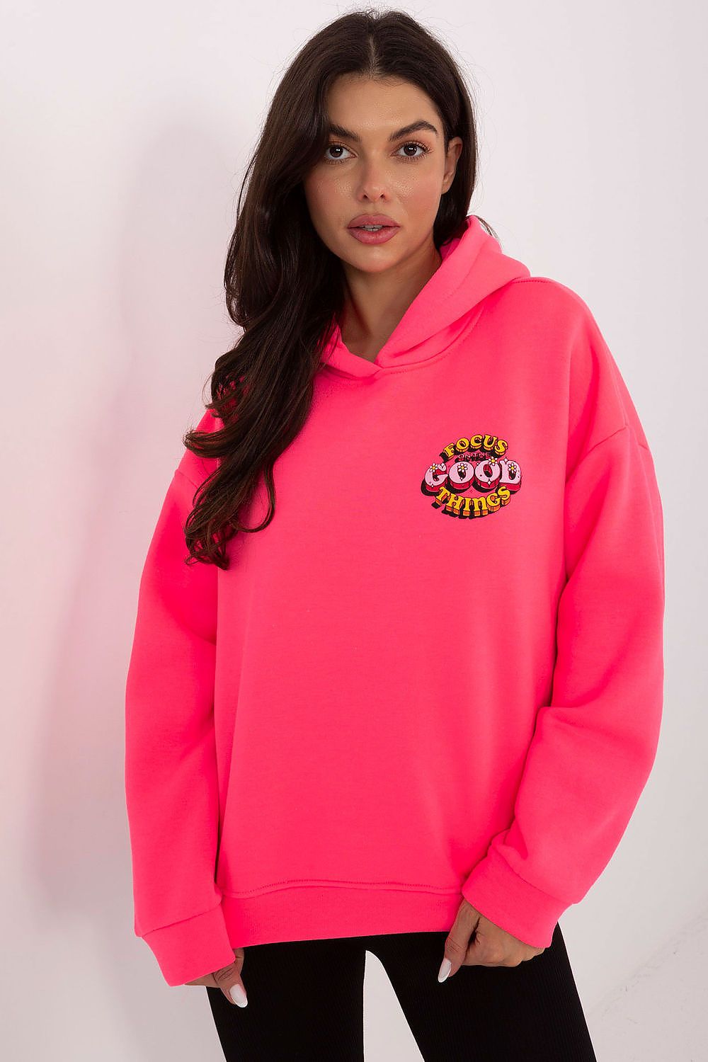  Women's pink hooded sweatshirt with statement print front and back
