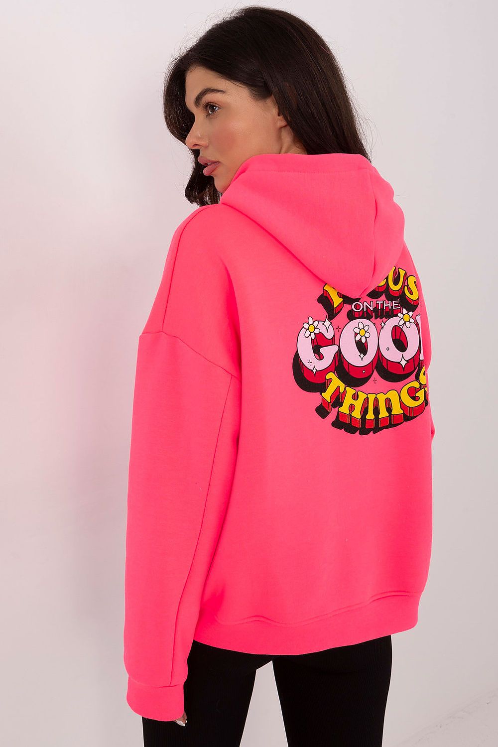 Women's pink hooded sweatshirt with statement print front and back-rear view