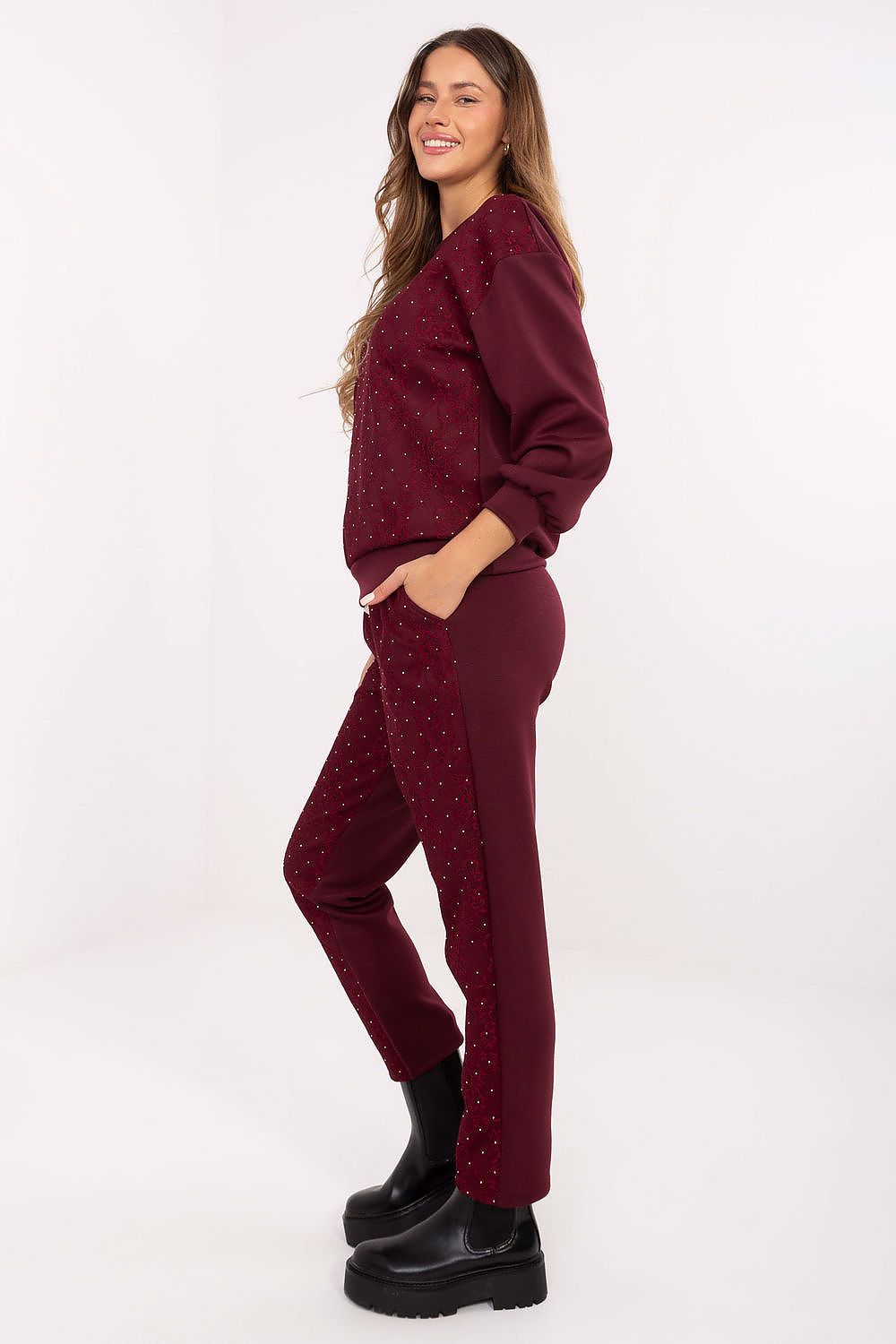  Detail shot of lace and jet embellishments on red tracksuit set, red, side view