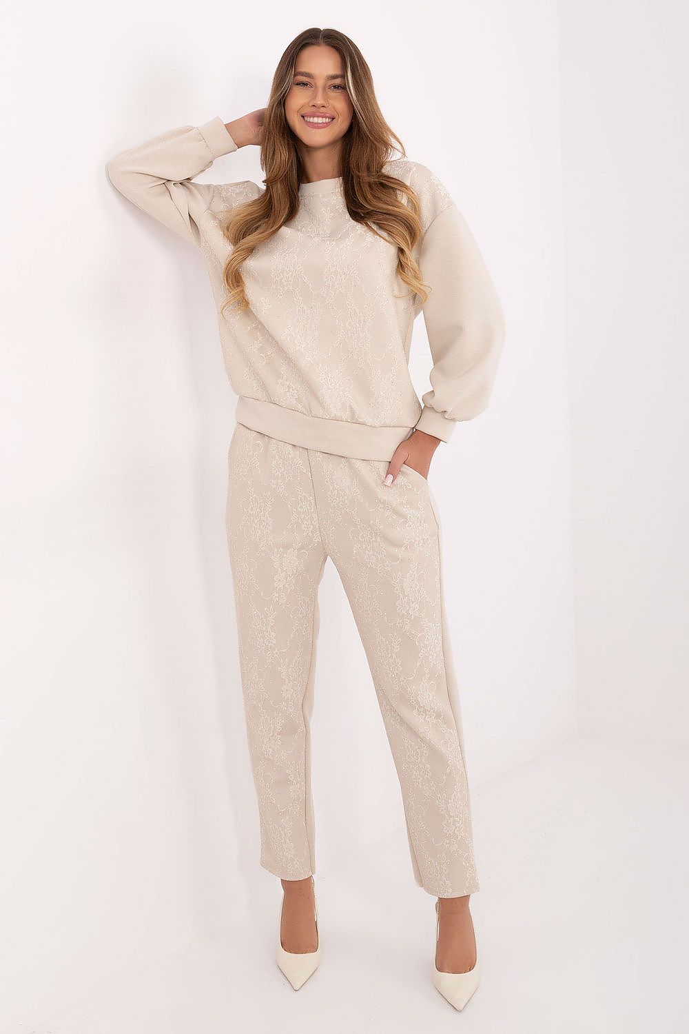 beige soft viscose tracksuit set with tapered pants 
