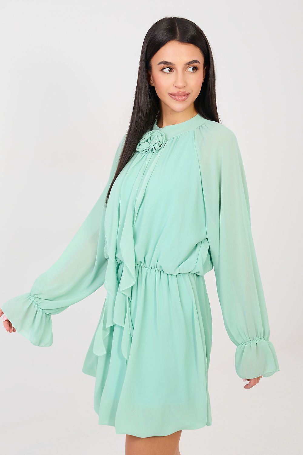 Woman wearing a light green dress with long sleeves on a white background